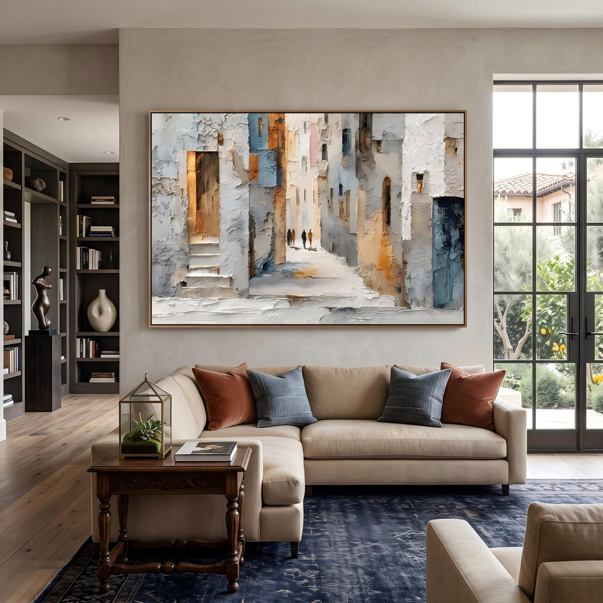 "European Old Town Street" - Modern Heavy Impasto Abstract Artwork | Beige & Grey Palette Knife Painting | Luxury Horizontal Wall Art #PT 2628