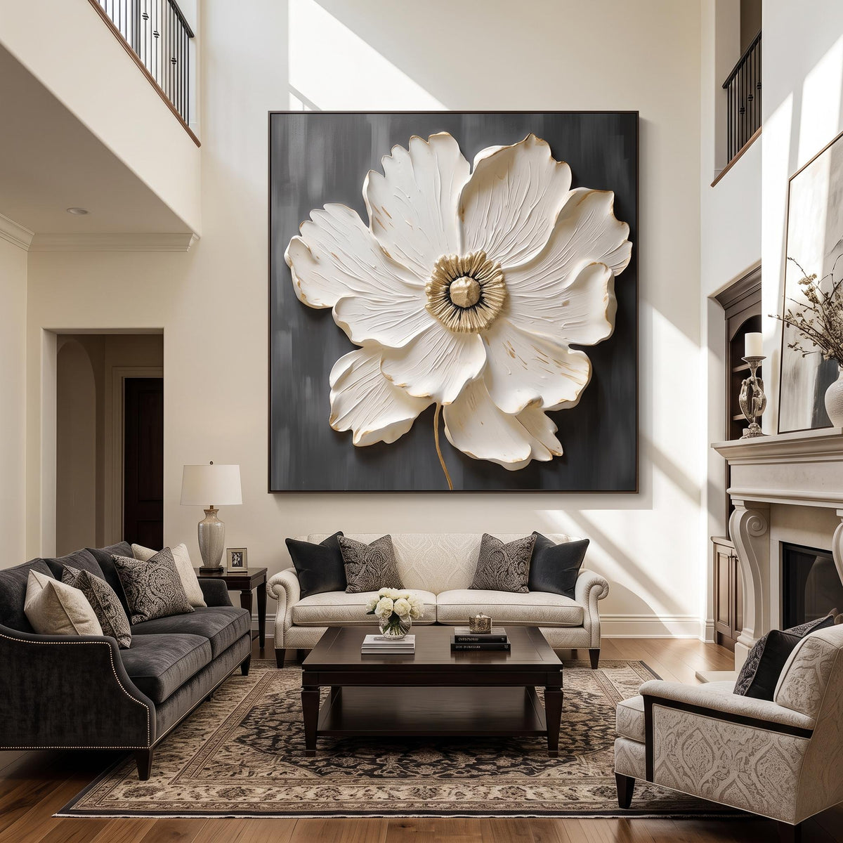 "Square White‑Gold Flower" - Modern Heavy Impasto Floral Abstract | White Palette Knife Painting | Luxury Square Wall Art #PT 2610