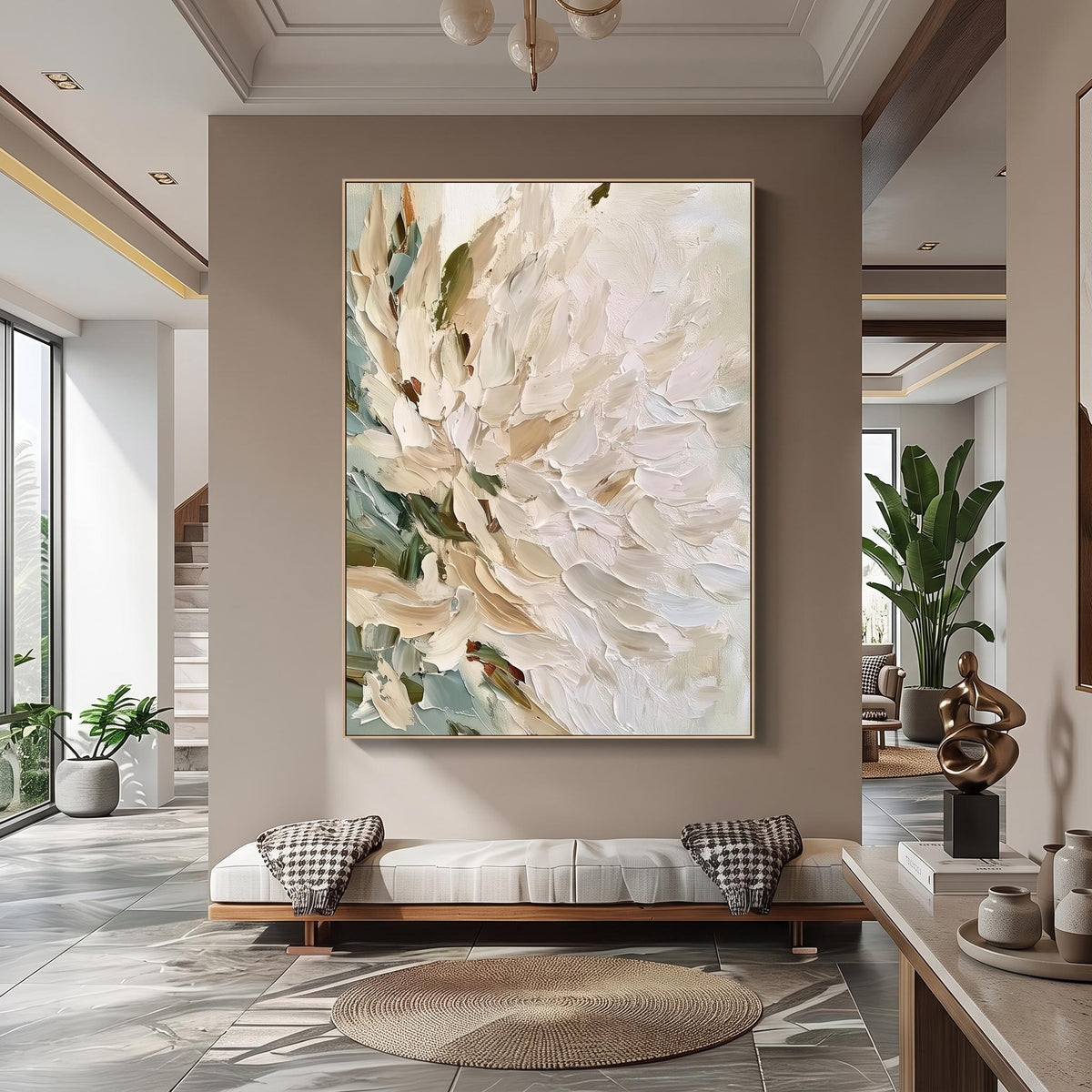 "Vertical Impasto White Flower" - Modern Heavy Impasto Floral Abstract | Beige Palette Knife Painting | Luxury Vertical Wall Art #PT 2620