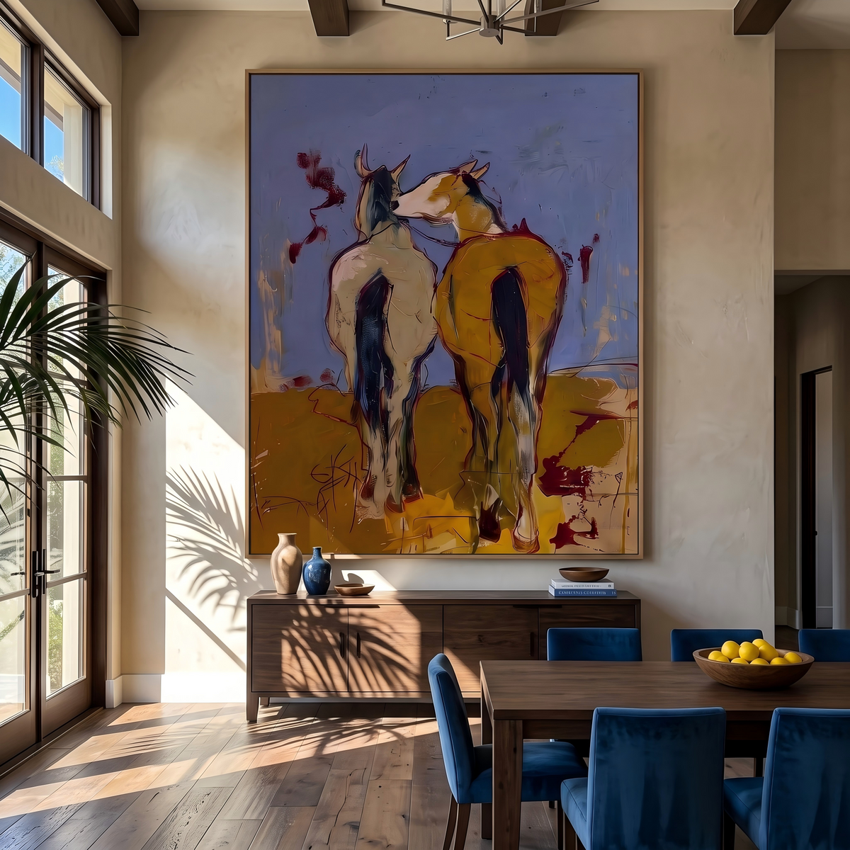 "Wild Companions" - Modern Heavy Impasto Western Animal Artwork | Yellow Palette Knife Painting | Luxury Vertical Wall Art #PT 2640