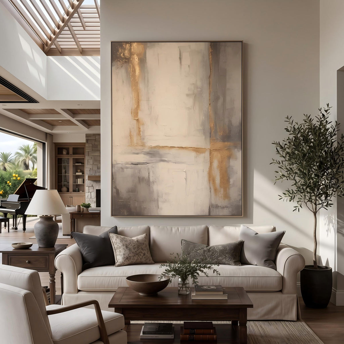 "Gold Foil Luxury" - Modern Heavy Impasto Abstract Artwork | Beige & White Palette Knife Painting | Luxury Vertical Wall Art #PT 2626