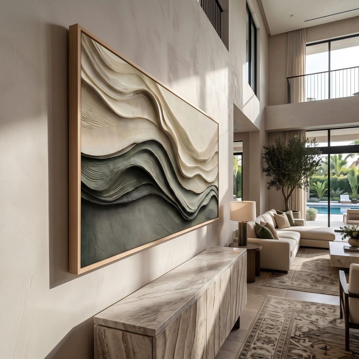 "Layered Wave Abstract" - Modern Heavy Impasto Ocean Wave Seascape | Beige Palette Knife Painting | Luxury Horizontal Wall Art #PT 2600