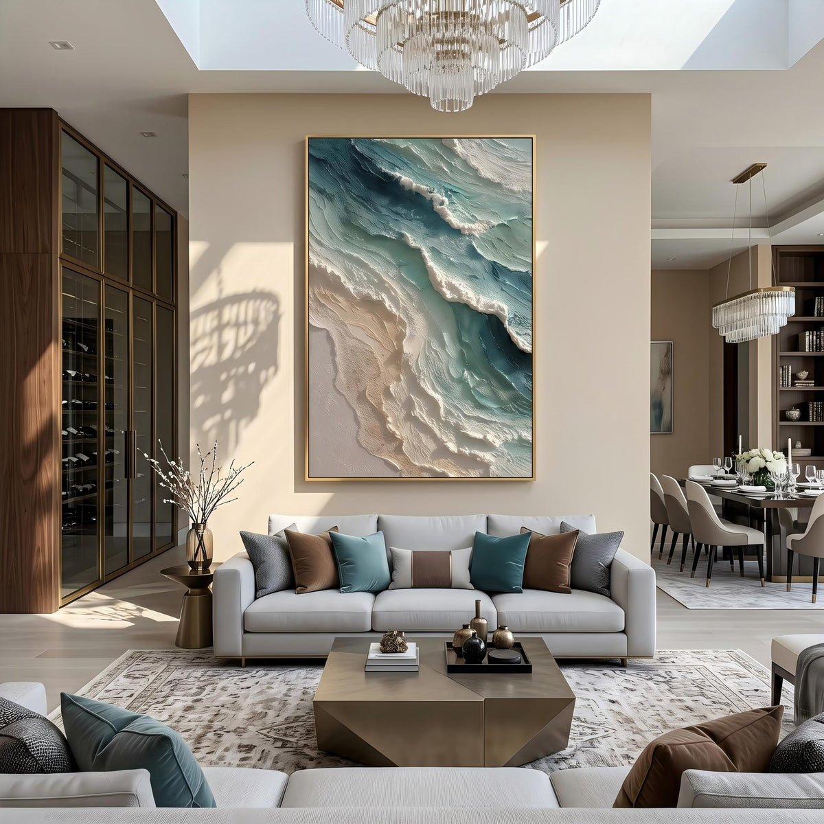 "Blue Green Coastal Wall" - Modern Heavy Impasto Coastal Landscape | Beige Palette Knife Painting | Luxury Vertical Wall Art #PT 2632