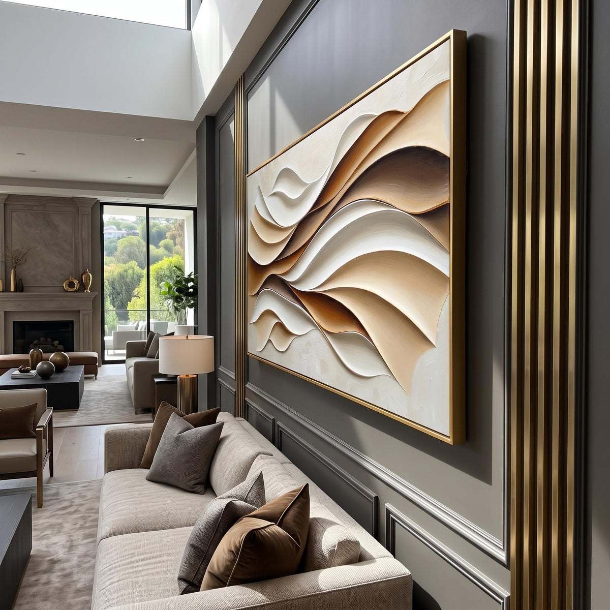 "Layered Wave" - Modern Heavy Impasto Ocean Wave Seascape | Beige Palette Knife Painting | Luxury Horizontal Wall Art #PT 2622
