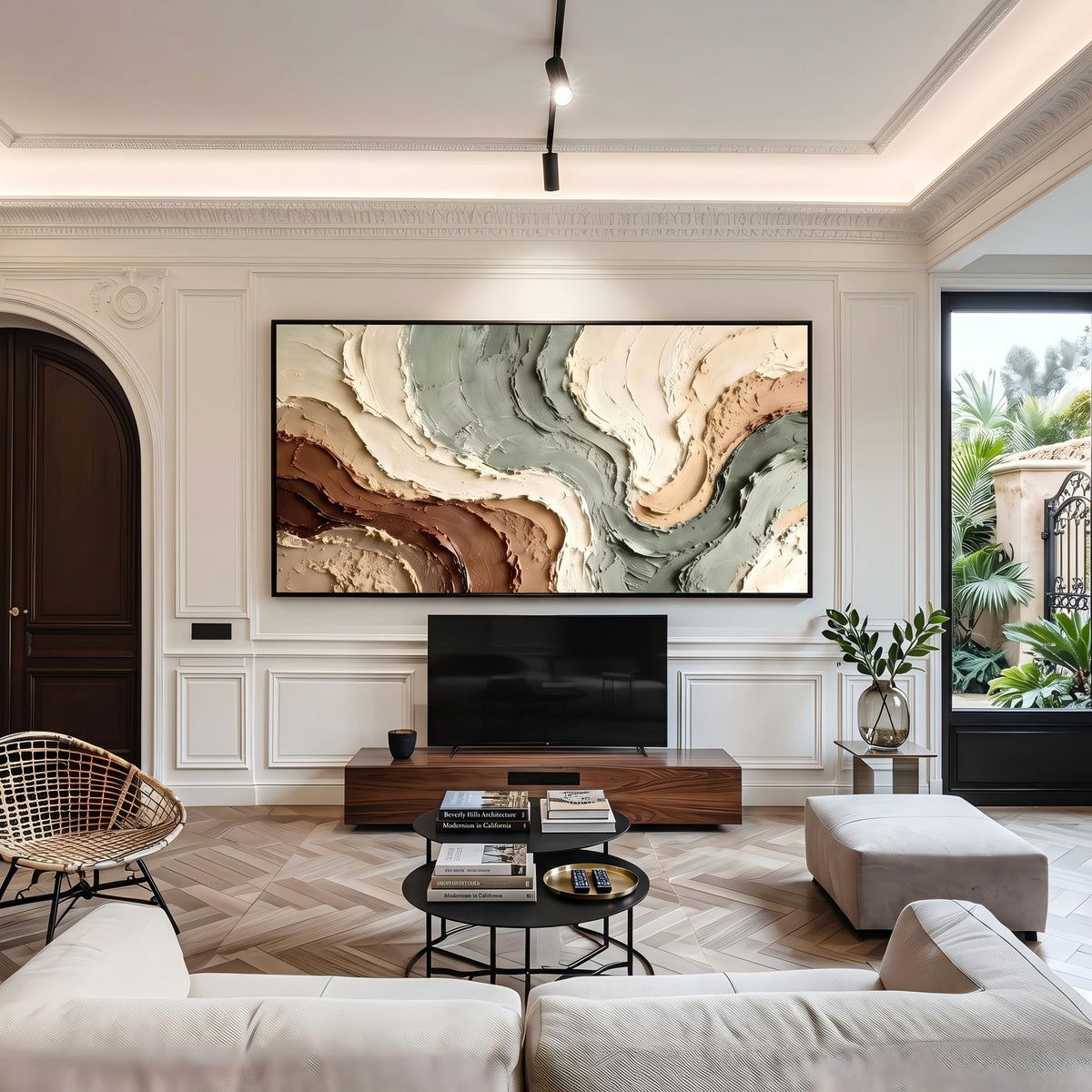 "Muted Green Brown Flow Textured Art" - Modern Heavy Impasto Abstract Artwork | Beige Palette Knife Painting | Luxury Horizontal Wall Art #PT 2603