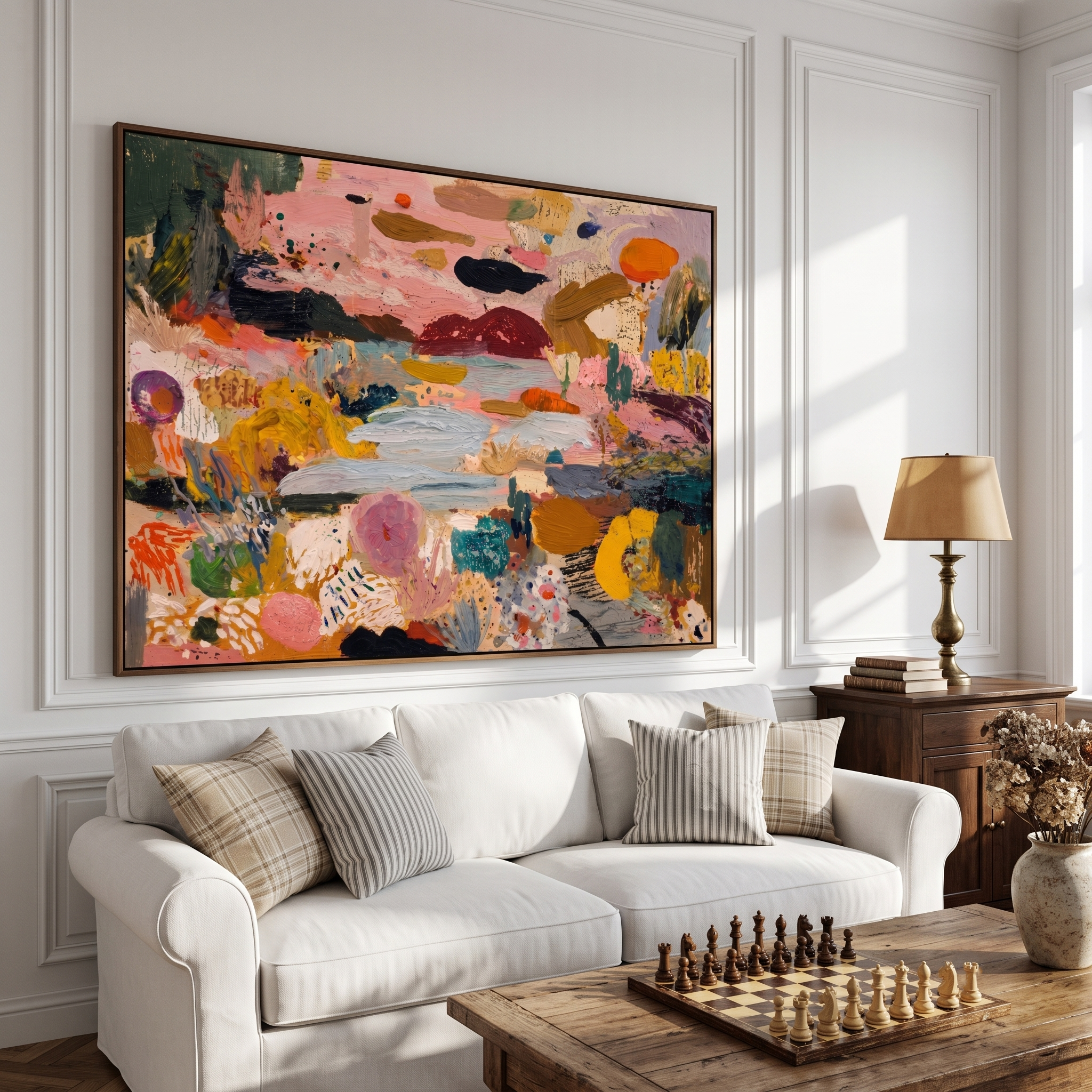 "Blooming River Garden" - Modern Heavy Impasto Abstract Landscape | Colorful Pink & Ochre Palette Knife Painting | Luxury Horizontal Wall Art #PT 594