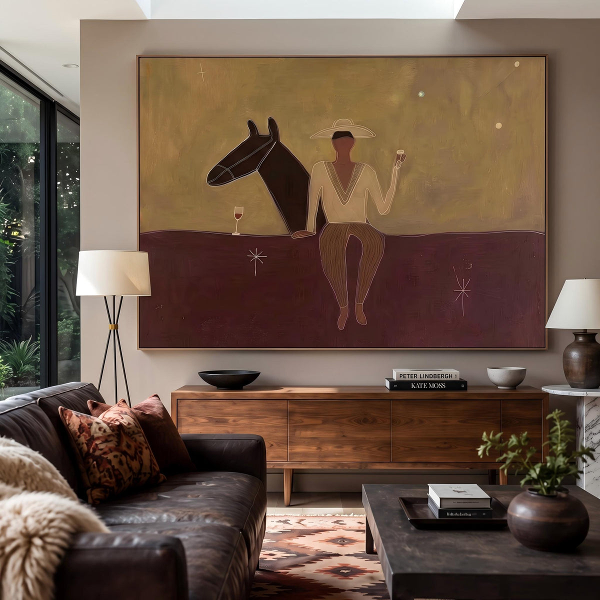 "Western Cowboy and Horse" - Modern Heavy Impasto Western Animal Artwork | Purple Palette Knife Painting | Luxury Horizontal Wall Art #PT 2636