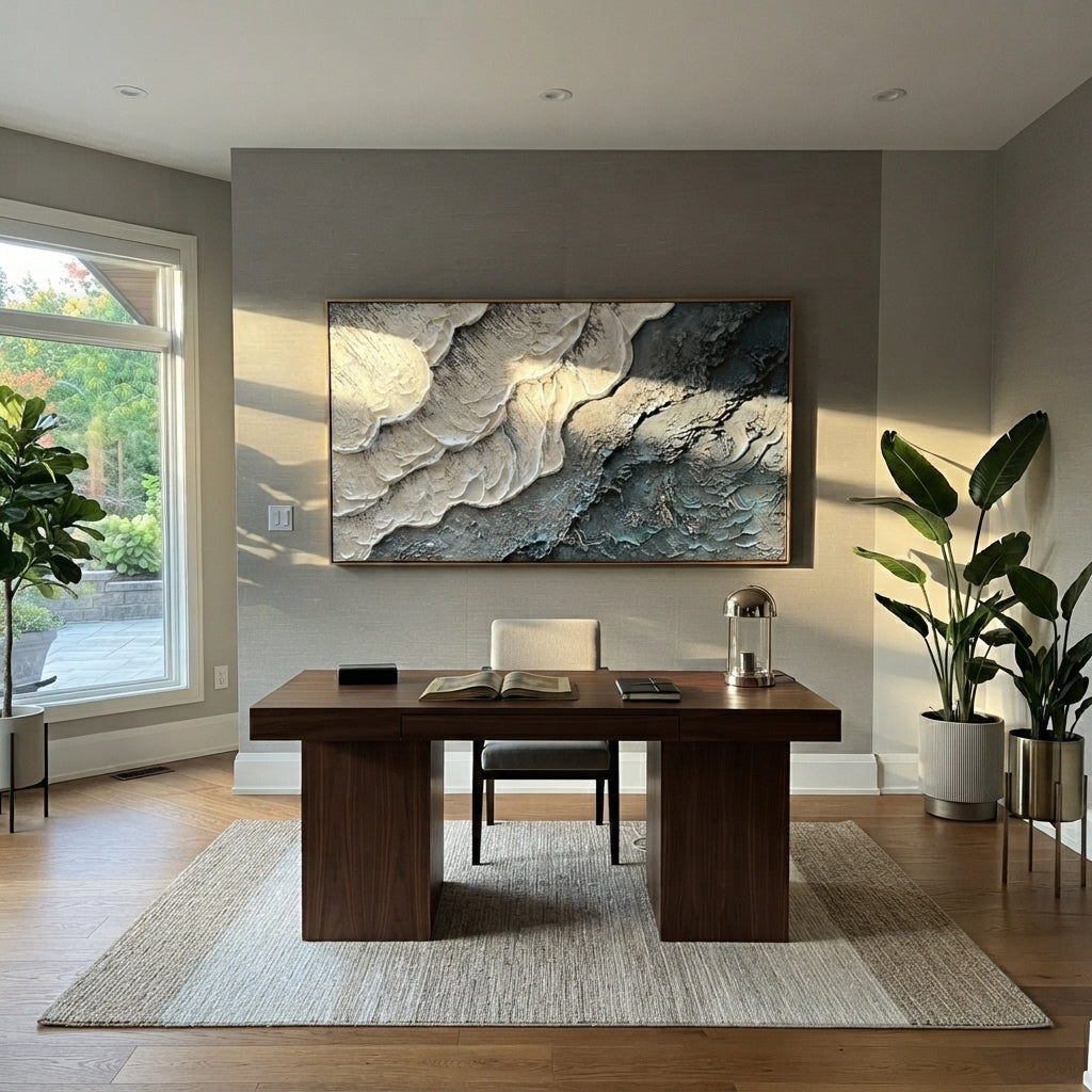 "Azure Modern Construct" is a 100% hand-painted geometric abstract created with professional oil and acrylic paints on high-quality canvas. Its blue & white palette and visible textured strokes give every piece authentic handmade variation and tactile depth.