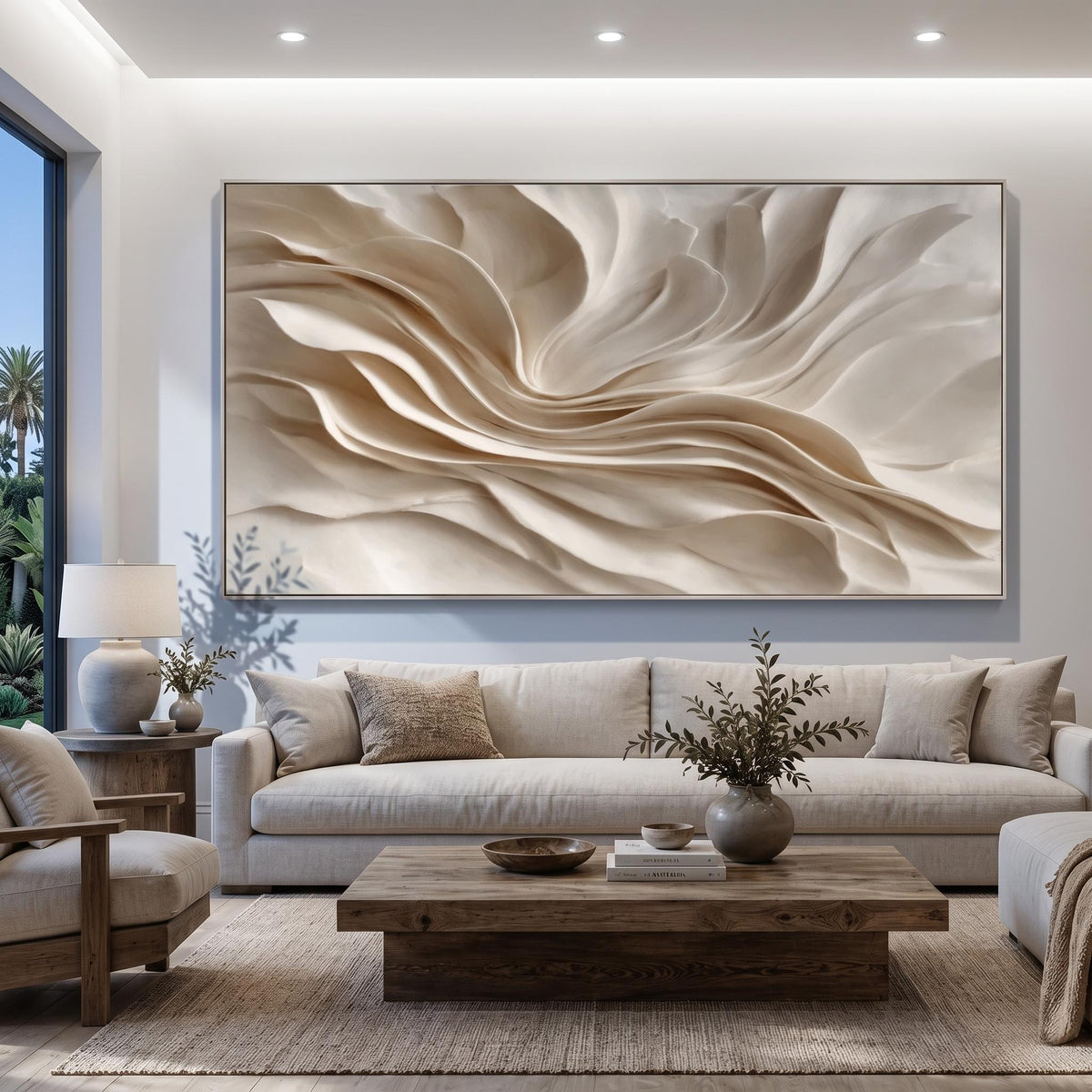 "Earthy‑Tone Soft Fold Abstract Wall" - Modern Heavy Impasto Abstract Artwork | Beige Palette Knife Painting | Luxury Horizontal Wall Art #PT 2614
