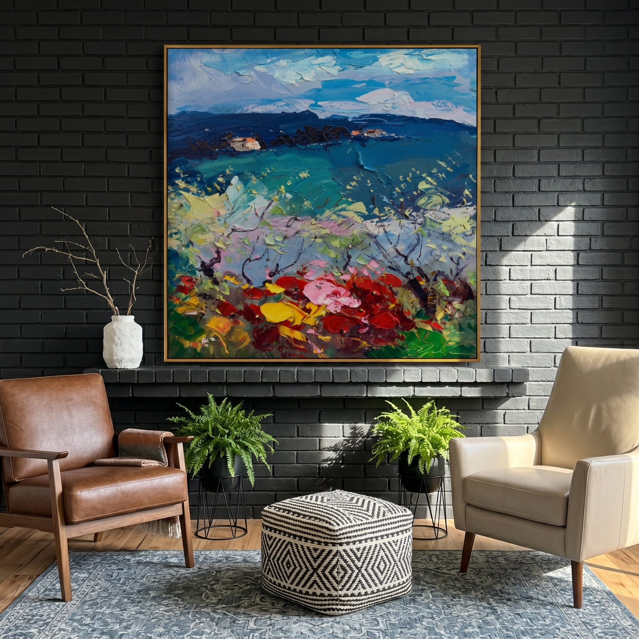 "Mediterranean Floral Vista" – Modern Heavy Impasto Impressionist Landscape | 3D Vivid Azure & Crimson Palette Knife Painting | Luxury Square Wall Art #PT 567