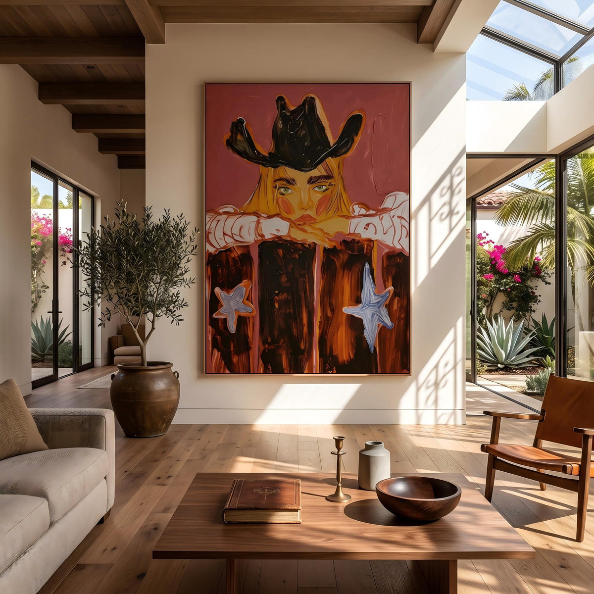 "Western Cowboy Girl" - Modern Heavy Impasto Western Animal Artwork | Orange Palette Knife Painting | Luxury Vertical Wall Art #PT 2647