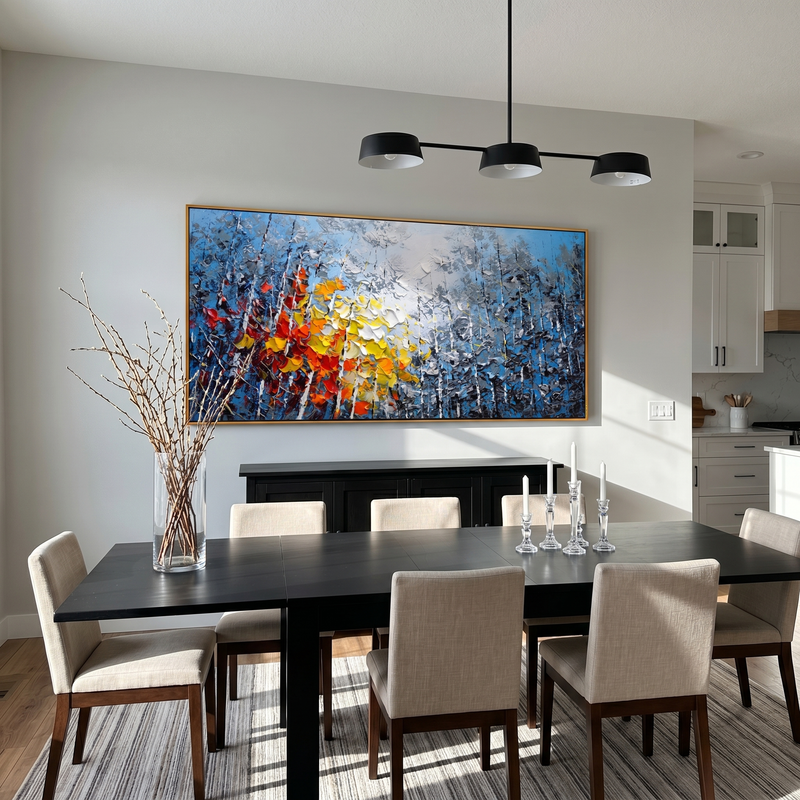 "Vivid Autumn Birch Grove" – Modern Heavy Impasto Impressionist Forest Landscape | 3D Cool Cerulean & Fiery Amber Palette Knife Painting | Luxury Horizontal Wall Art #PT 576