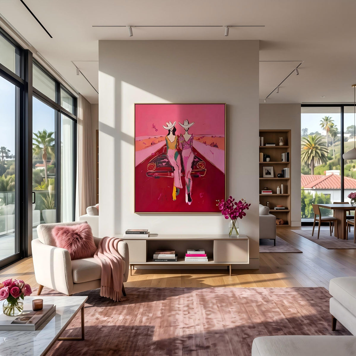 "Cowgirls on the Road" - Modern Heavy Impasto Abstract Artwork | Pink Palette Knife Painting | Luxury Vertical Wall Art #PT 2652