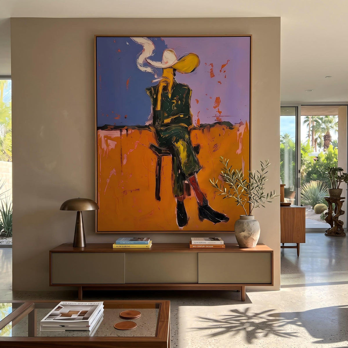 "Cigarettes Western Cowboy" - Modern Heavy Impasto Western Animal Artwork | Orange Palette Knife Painting | Luxury Vertical Wall Art #PT 2646