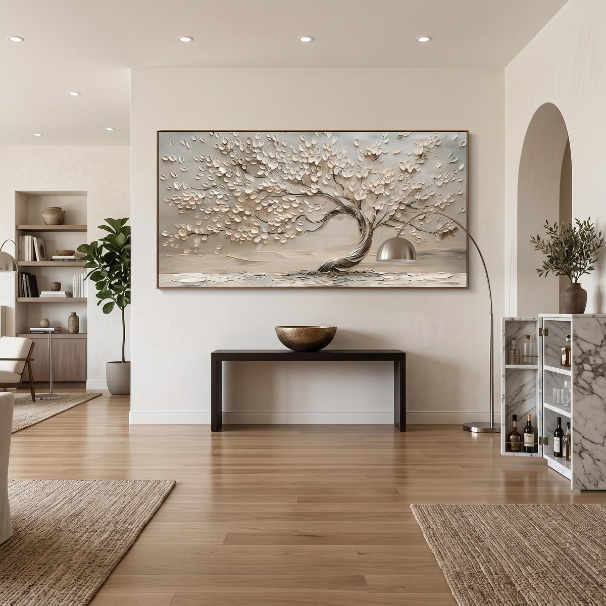 "Life Tree" - Modern Heavy Impasto Botanical Tree Artwork | White Palette Knife Painting | Luxury Horizontal Wall Art #PT 2613
