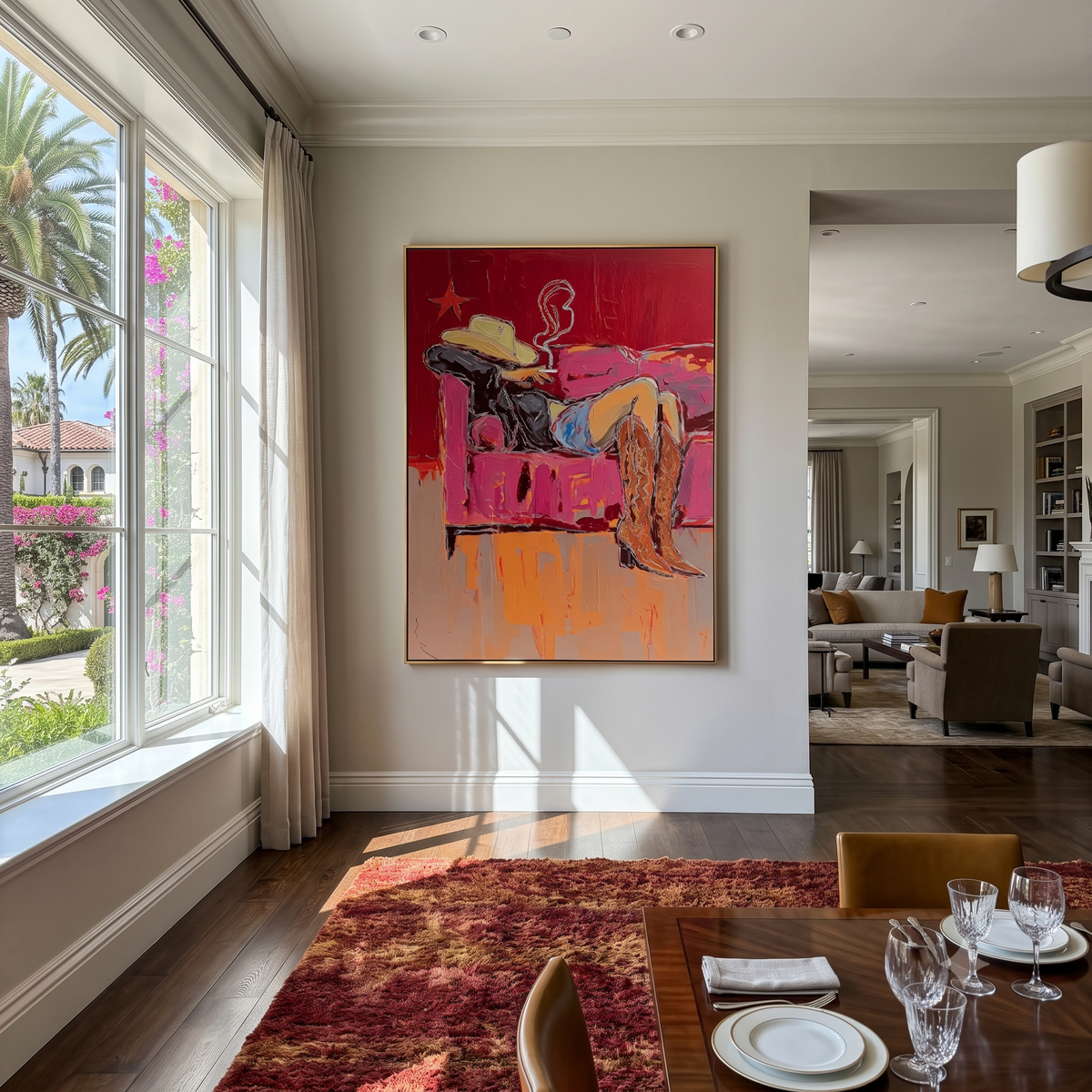 "Couch Western Cowgirl" - Modern Heavy Impasto Western Animal Artwork | Pink Palette Knife Painting | Luxury Vertical Wall Art #PT 2653