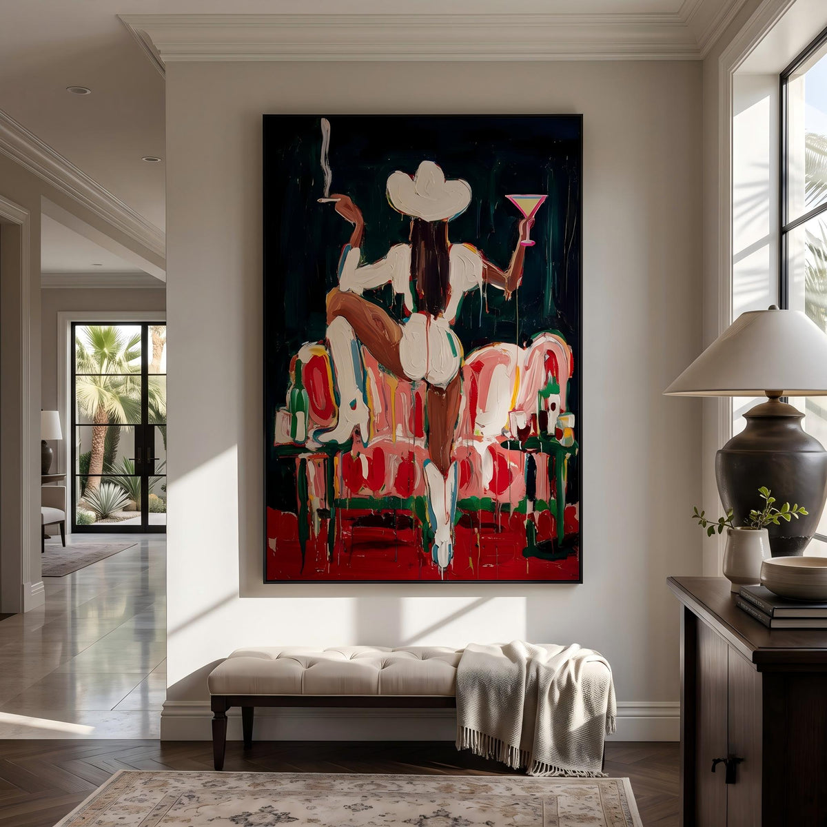 "Midnight Western Woman" - Modern Heavy Impasto Western Animal Artwork | Black & White Palette Knife Painting | Luxury Vertical Wall Art #PT 2644