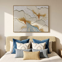 This 100% hand-painted floral artwork features sculptural ivory petals, delicate gold accents, and soft grey-blue undertones. The raised relief texture gives the flower a dimensional presence, making it ideal for bedrooms, living rooms, hallways, villas, and elegant hospitality interiors.