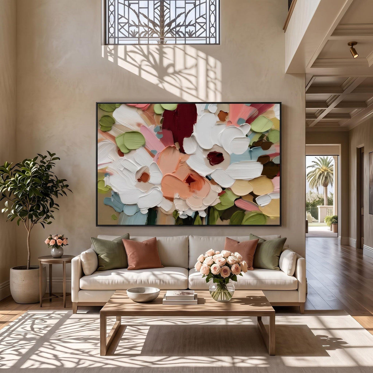 "Colorful Textured Floral Wall" - Modern Heavy Impasto Floral Abstract | White Palette Knife Painting | Luxury Horizontal Wall Art #PT 2606