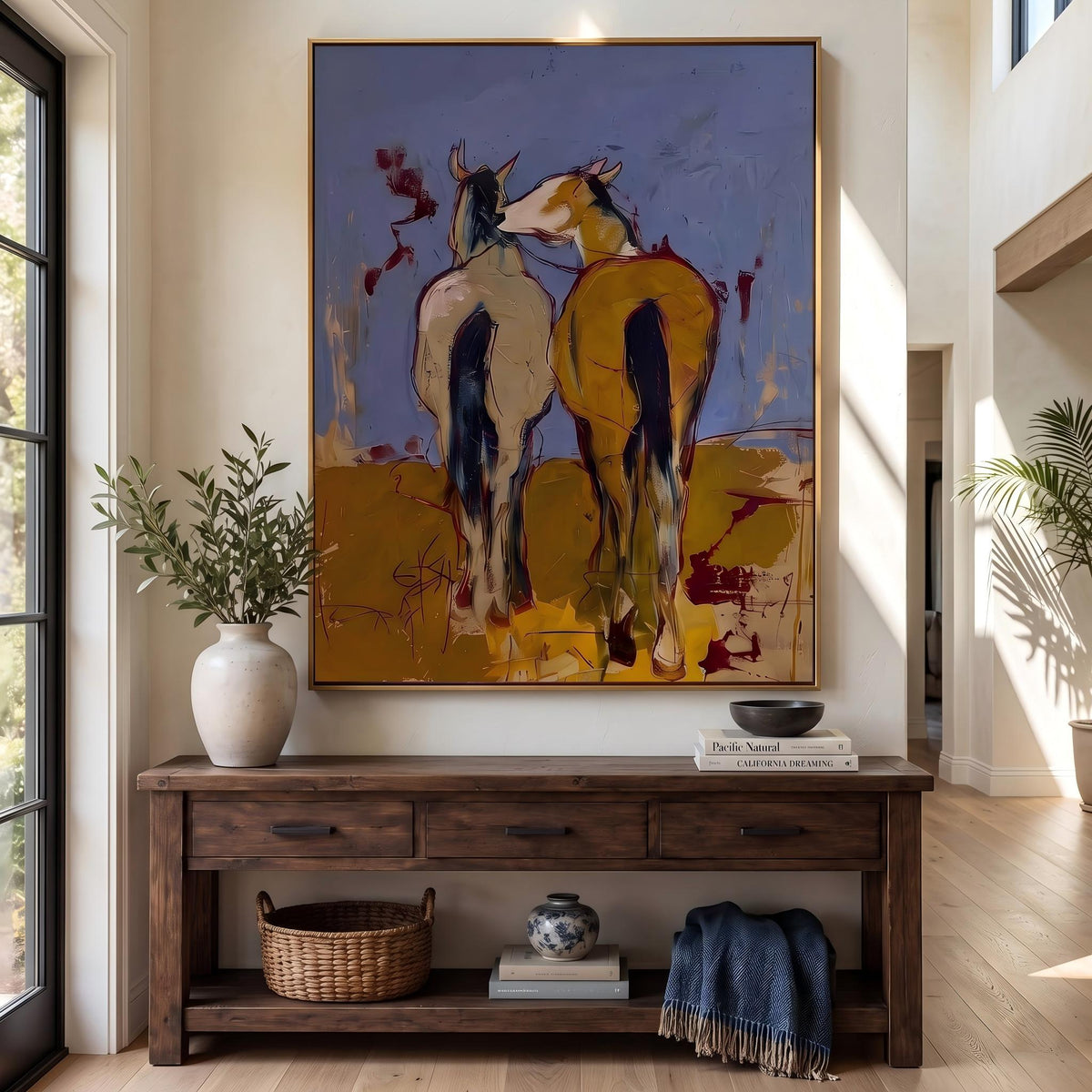 "Wild Companions" - Modern Heavy Impasto Western Animal Artwork | Yellow Palette Knife Painting | Luxury Vertical Wall Art #PT 2640