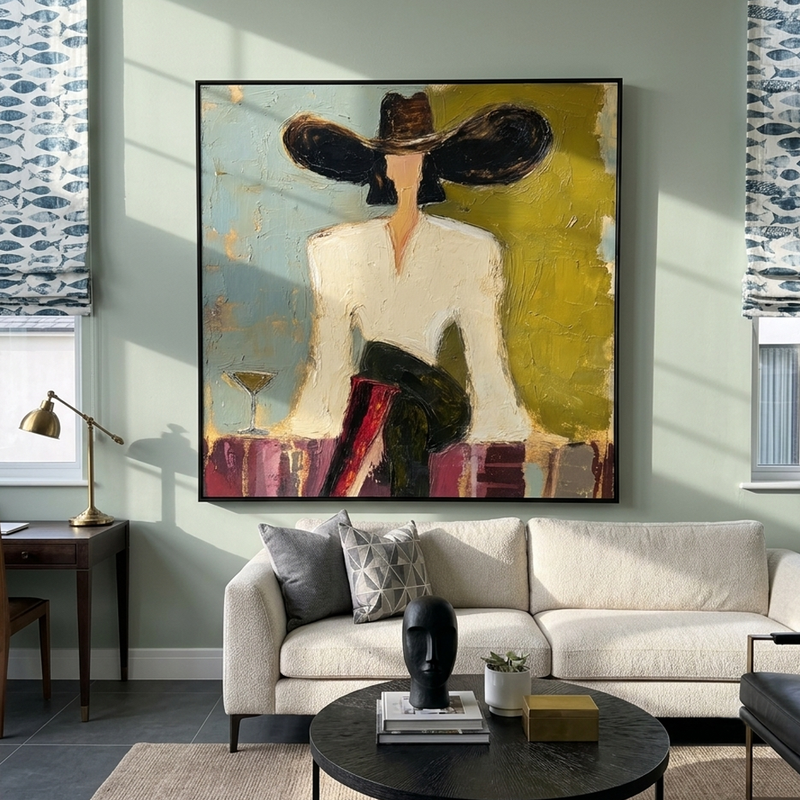 "Lounge Cowgirl With Martini" – Modern Heavy Impasto Retro Western Figurative | 3D Moss Olive & Dusty Teal Palette Knife Painting | Luxury Square Wall Art #AB 525