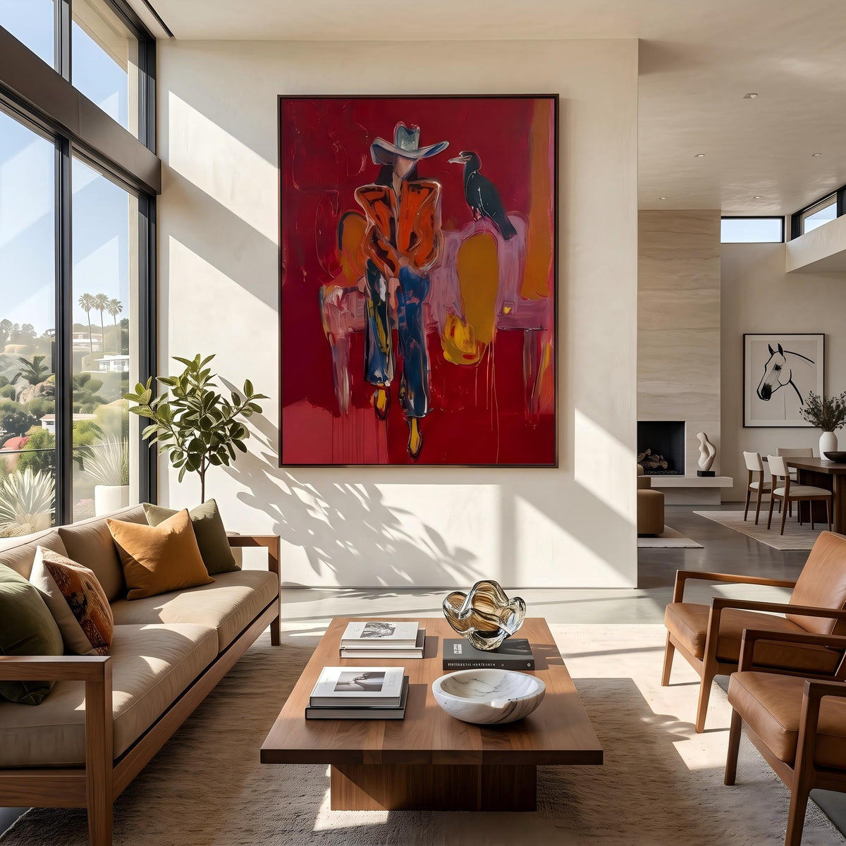 "Crow Cowgirl" - Modern Heavy Impasto Western Animal Artwork | Golden & Pink Palette Knife Painting | Luxury Vertical Wall Art #PT 2642