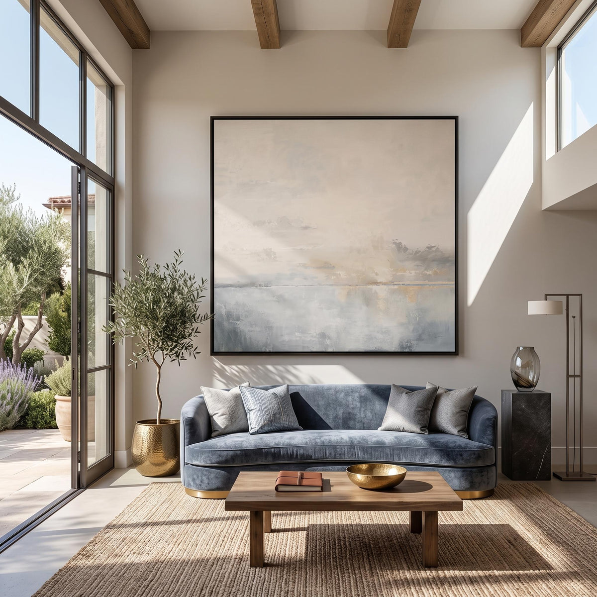 "Square Hazy Abstract Seascape" - Modern Heavy Impasto Coastal Landscape | Beige Palette Knife Painting | Luxury Square Wall Art #PT 2607