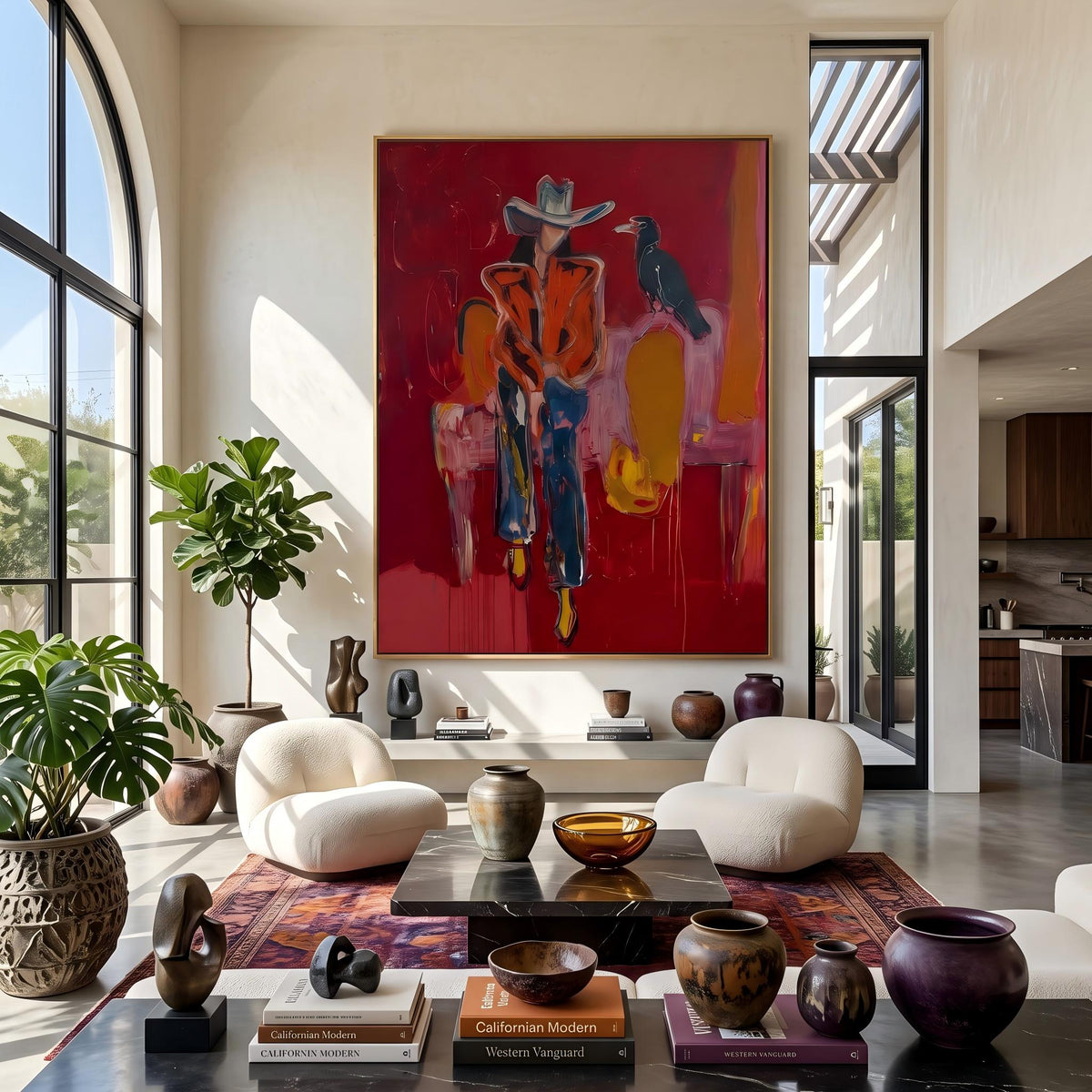 "Crow Cowgirl" - Modern Heavy Impasto Western Animal Artwork | Golden & Pink Palette Knife Painting | Luxury Vertical Wall Art #PT 2642