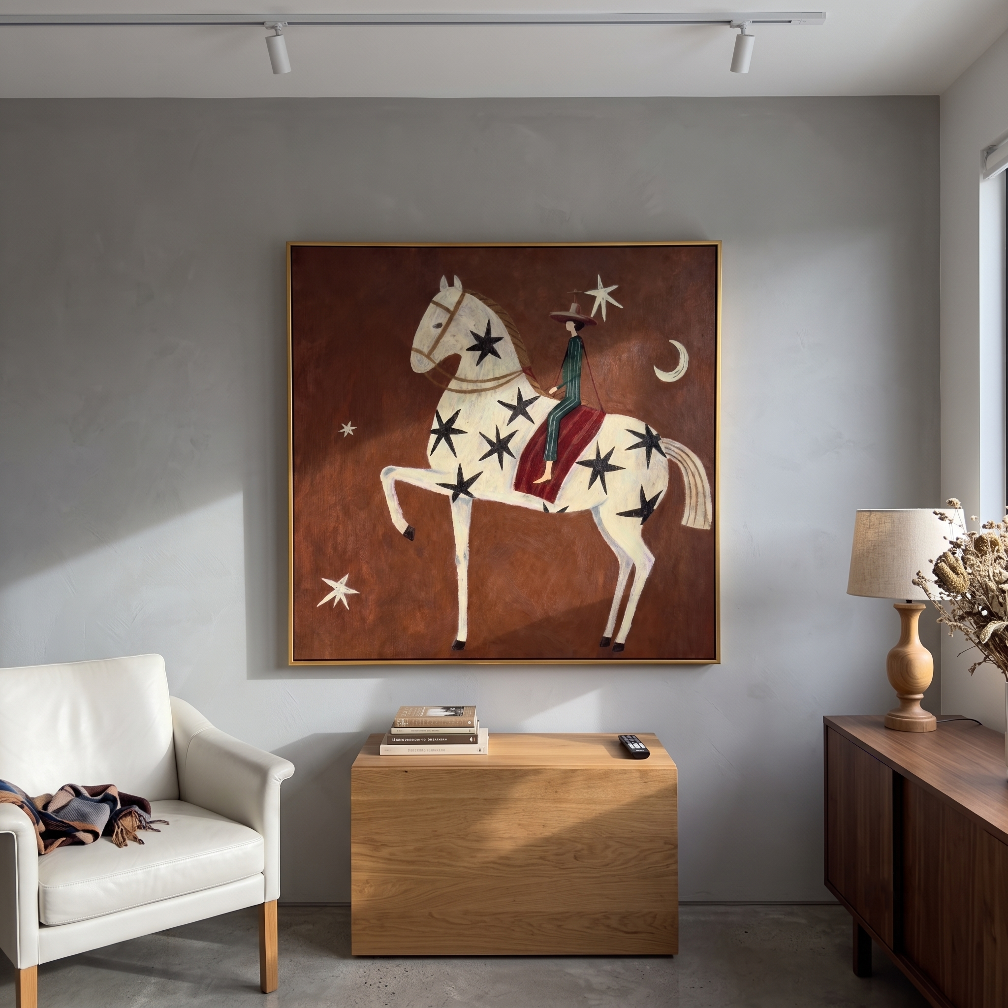 "Starry Midnight Cowboy Steed" – Modern Heavy Impasto Primitive Western Figurative | 3D Rust Umber & Soft Ivory Palette Knife Painting | Luxury Square Wall Art #AB 523