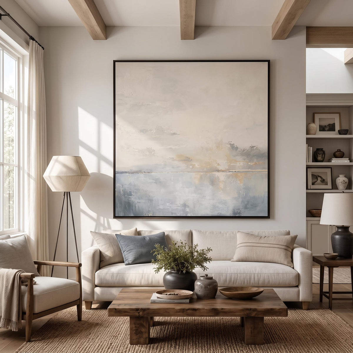 "Square Hazy Abstract Seascape" - Modern Heavy Impasto Coastal Landscape | Beige Palette Knife Painting | Luxury Square Wall Art #PT 2607