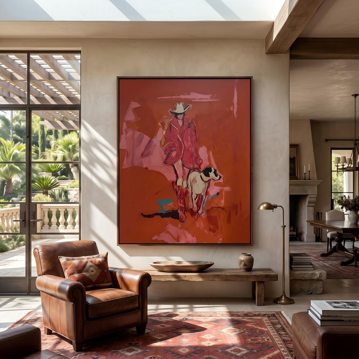 "Cowgirl and Dog" - Modern Heavy Impasto Dog Portrait Artwork | Pink Palette Knife Painting | Luxury Vertical Wall Art #PT 2650
