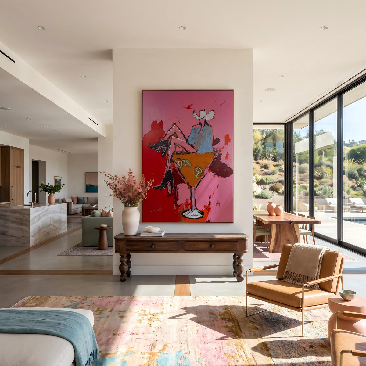 "Pink Cowgirl Cocktail" - Modern Heavy Impasto Western Animal Artwork | Pink Palette Knife Painting | Luxury Vertical Wall Art #PT 2651