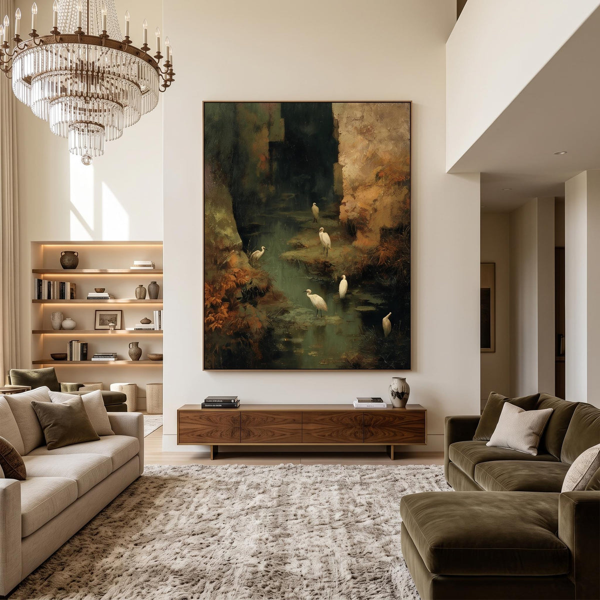 "Wetland Egret" - Modern Heavy Impasto Abstract Artwork | Golden Palette Knife Painting | Luxury Vertical Wall Art #PT 2617