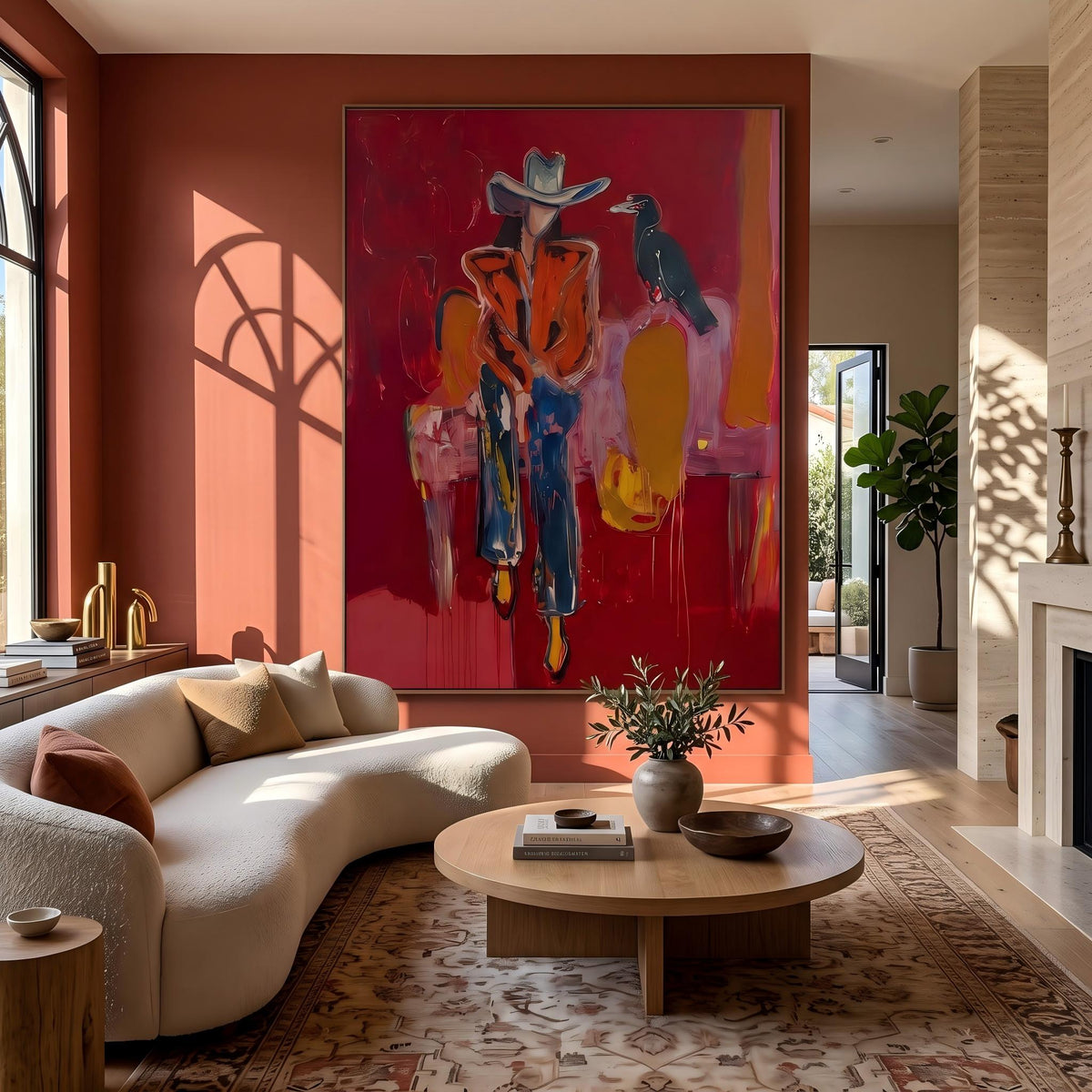 "Crow Cowgirl" - Modern Heavy Impasto Western Animal Artwork | Golden & Pink Palette Knife Painting | Luxury Vertical Wall Art #PT 2642