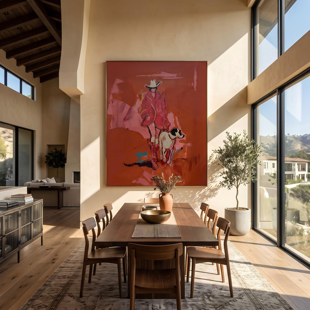 "Cowgirl and Dog" - Modern Heavy Impasto Dog Portrait Artwork | Pink Palette Knife Painting | Luxury Vertical Wall Art #PT 2650
