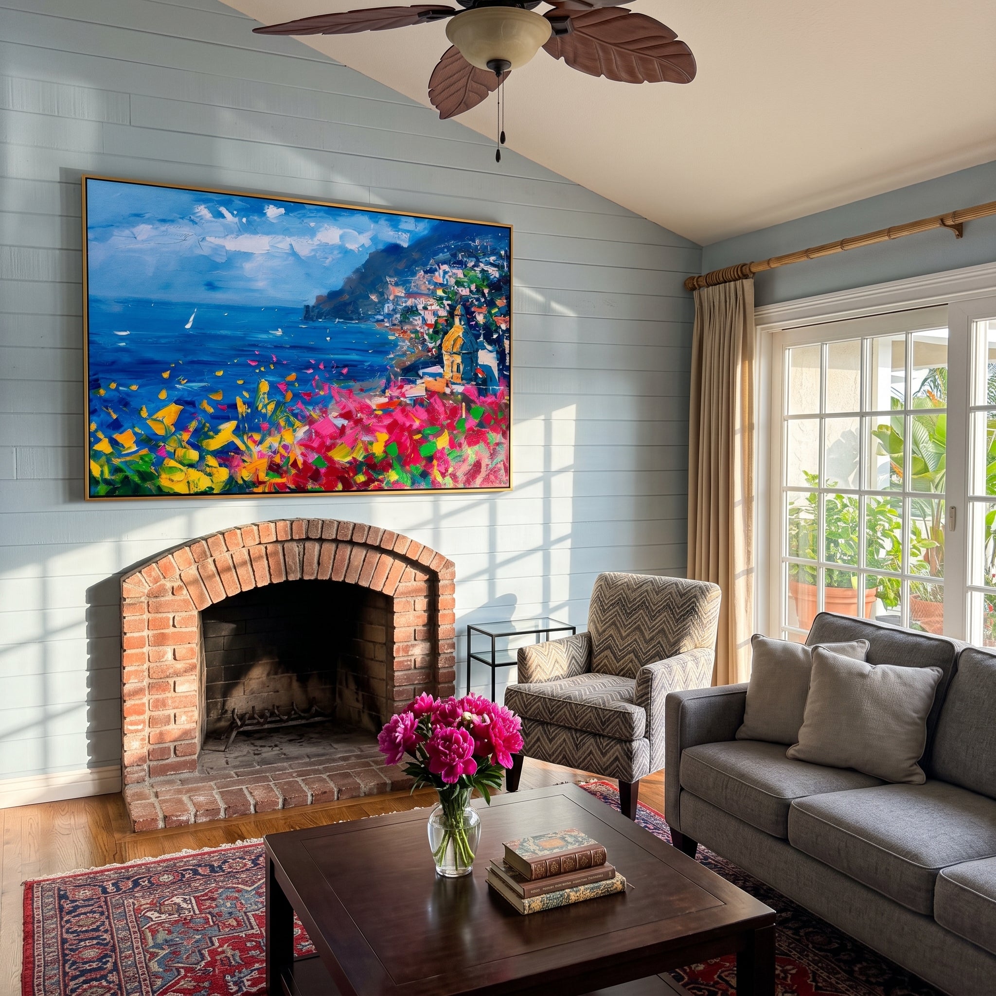 "Coastal Bloom Vista" - Colorful Mediterranean Seascape | Heavy Impasto Blue Ocean & Floral Palette Knife Painting | Luxury Horizontal Wall Art #PT 590