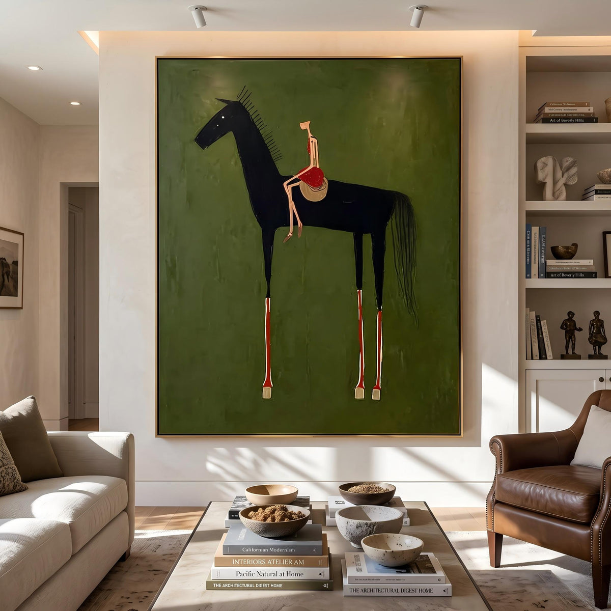 "Black Horse & Rider" - Modern Heavy Impasto Western Animal Artwork | Green Palette Knife Painting | Luxury Vertical Wall Art #PT 2625