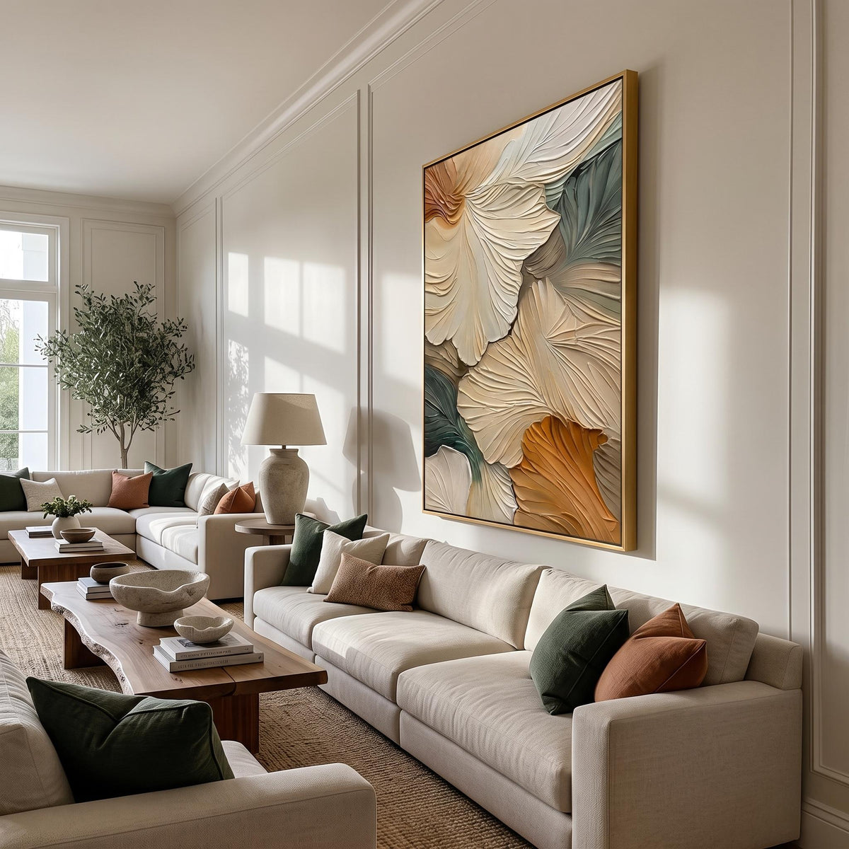 "Abstract Ginkgo Leaf" - Modern Heavy Impasto Botanical Tree Artwork | Beige Palette Knife Painting | Luxury Vertical Wall Art #PT 2615