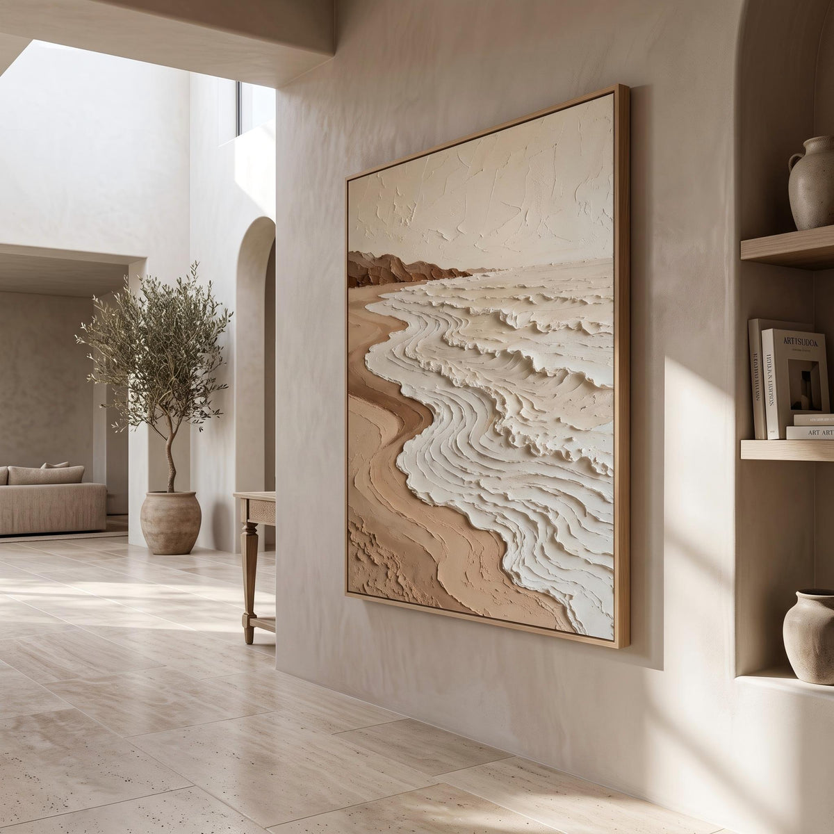"Neutral Tones Stereoscopic Seaside Wall Decor" - Modern Heavy Impasto Coastal Landscape | Beige Palette Knife Painting | Luxury Vertical Wall Art #PT 2604