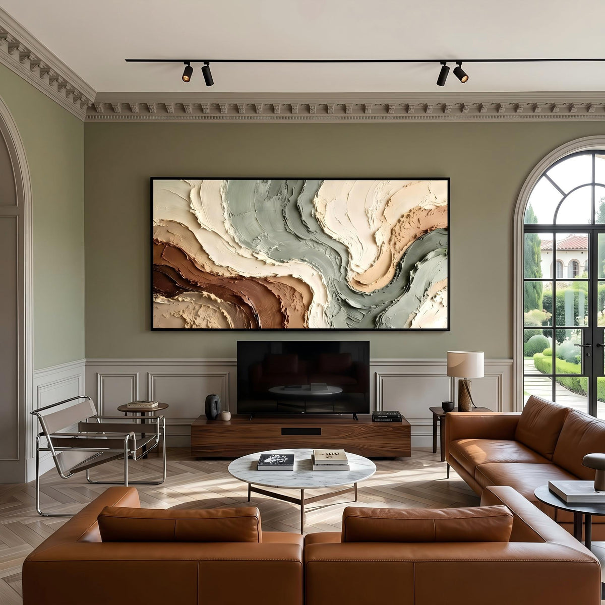 "Muted Green Brown Flow Textured Art" - Modern Heavy Impasto Abstract Artwork | Beige Palette Knife Painting | Luxury Horizontal Wall Art #PT 2603