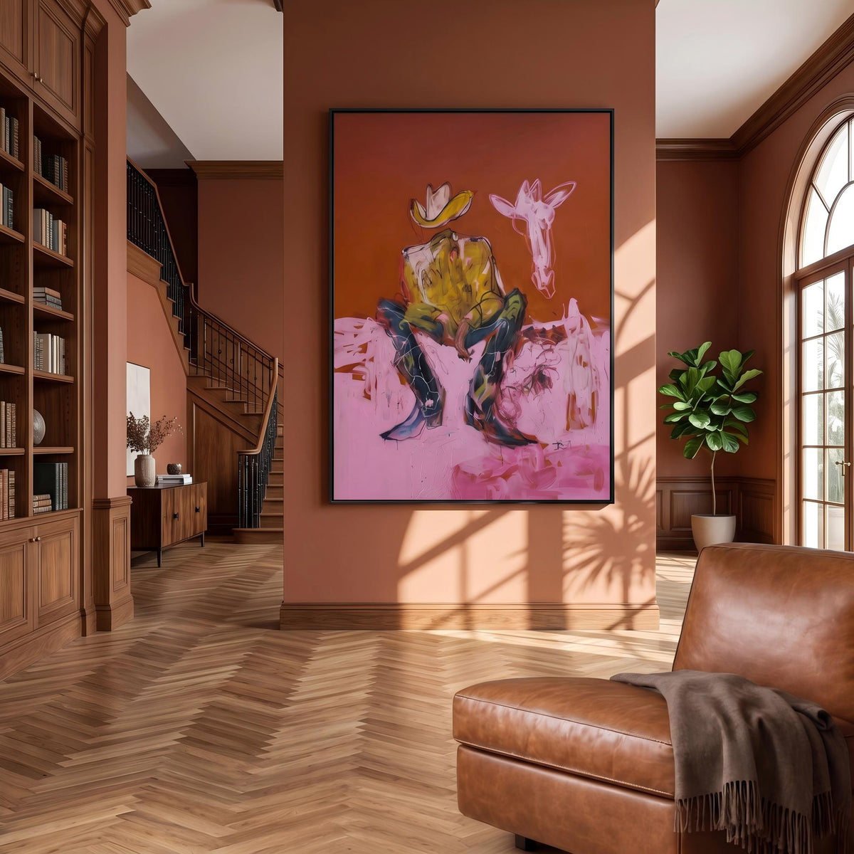 "Squatting faceless cowboy" - Modern Heavy Impasto Western Animal Artwork | Pink Palette Knife Painting | Luxury Vertical Wall Art #PT 2645