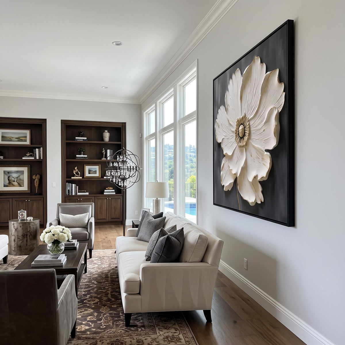 "Square White‑Gold Flower" - Modern Heavy Impasto Floral Abstract | White Palette Knife Painting | Luxury Square Wall Art #PT 2610