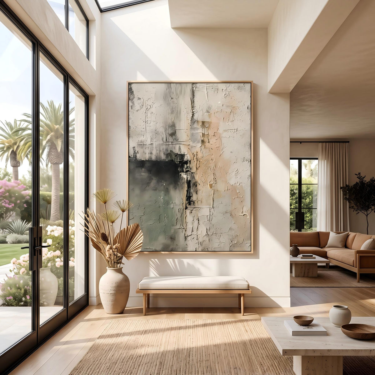 "Sage Green Beige Textured Abstract Wall" - Modern Heavy Impasto Abstract Artwork | Beige Palette Knife Painting | Luxury Vertical Wall Art #PT 2601