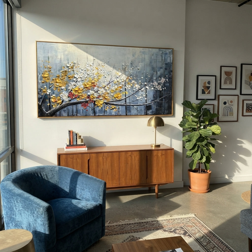 "Azure Quiet Motion" is a 100% hand-painted abstract artwork created with professional oil and acrylic paints on high-quality canvas. Its blue & orange palette and visible textured strokes give every piece authentic handmade variation and tactile depth.