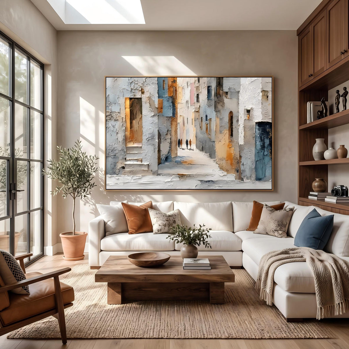 "European Old Town Street" - Modern Heavy Impasto Abstract Artwork | Beige & Grey Palette Knife Painting | Luxury Horizontal Wall Art #PT 2628