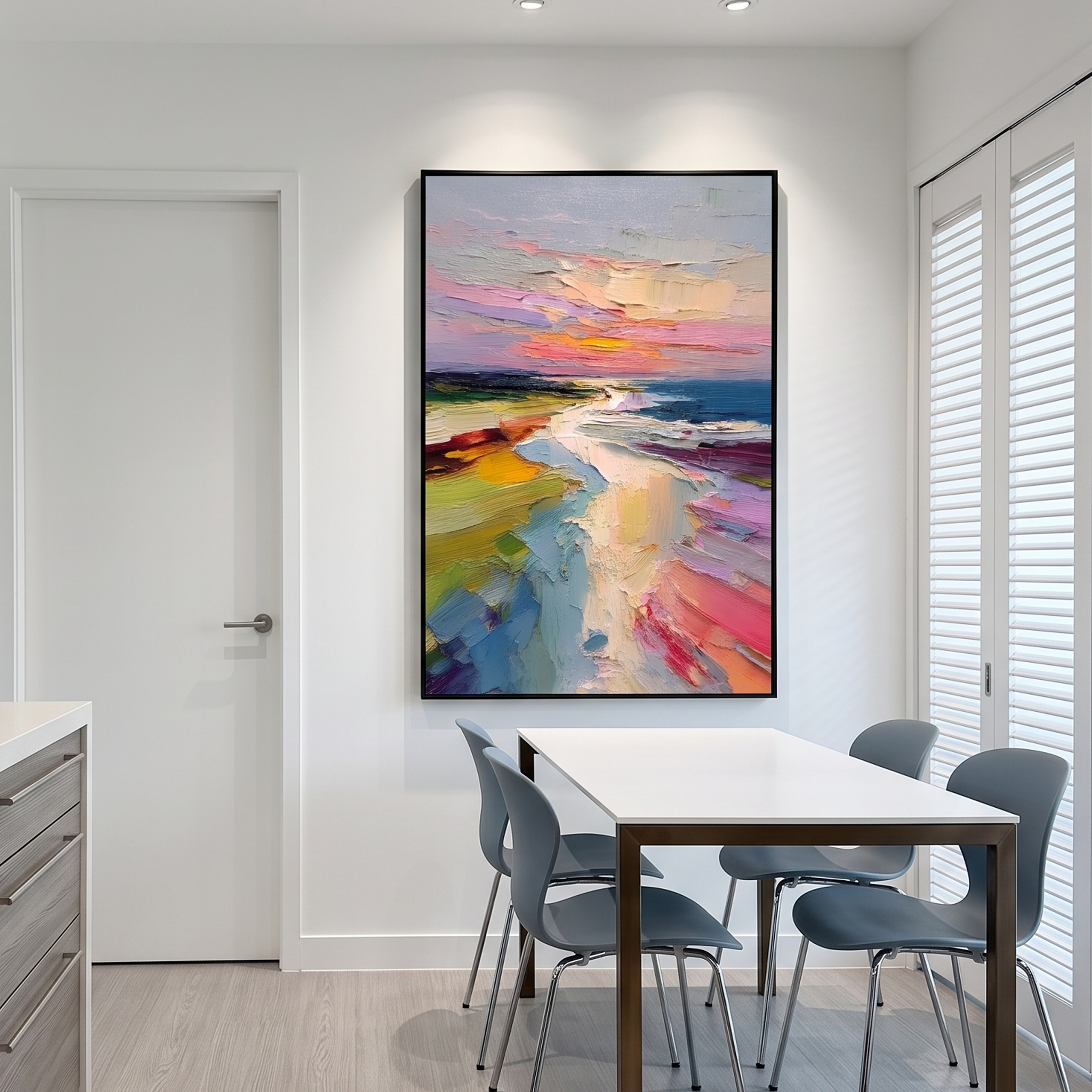 "Pastel Sunset Coastal Path" - Modern Heavy Impasto Impressionist Seascape | 3D Blush Pink & Mint Teal Palette Knife Painting | Luxury Vertical Wall Art #PT 586