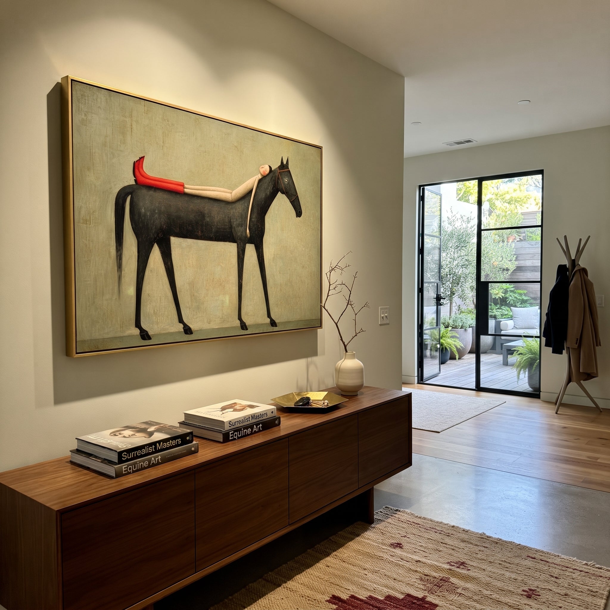 "Resting Figure Upon Black Stallion" – Modern Folk Surreal Impasto Art | 3D Muted Sage & Scarlet Palette Knife Painting | Luxury Horizontal Wall Art #PT 641