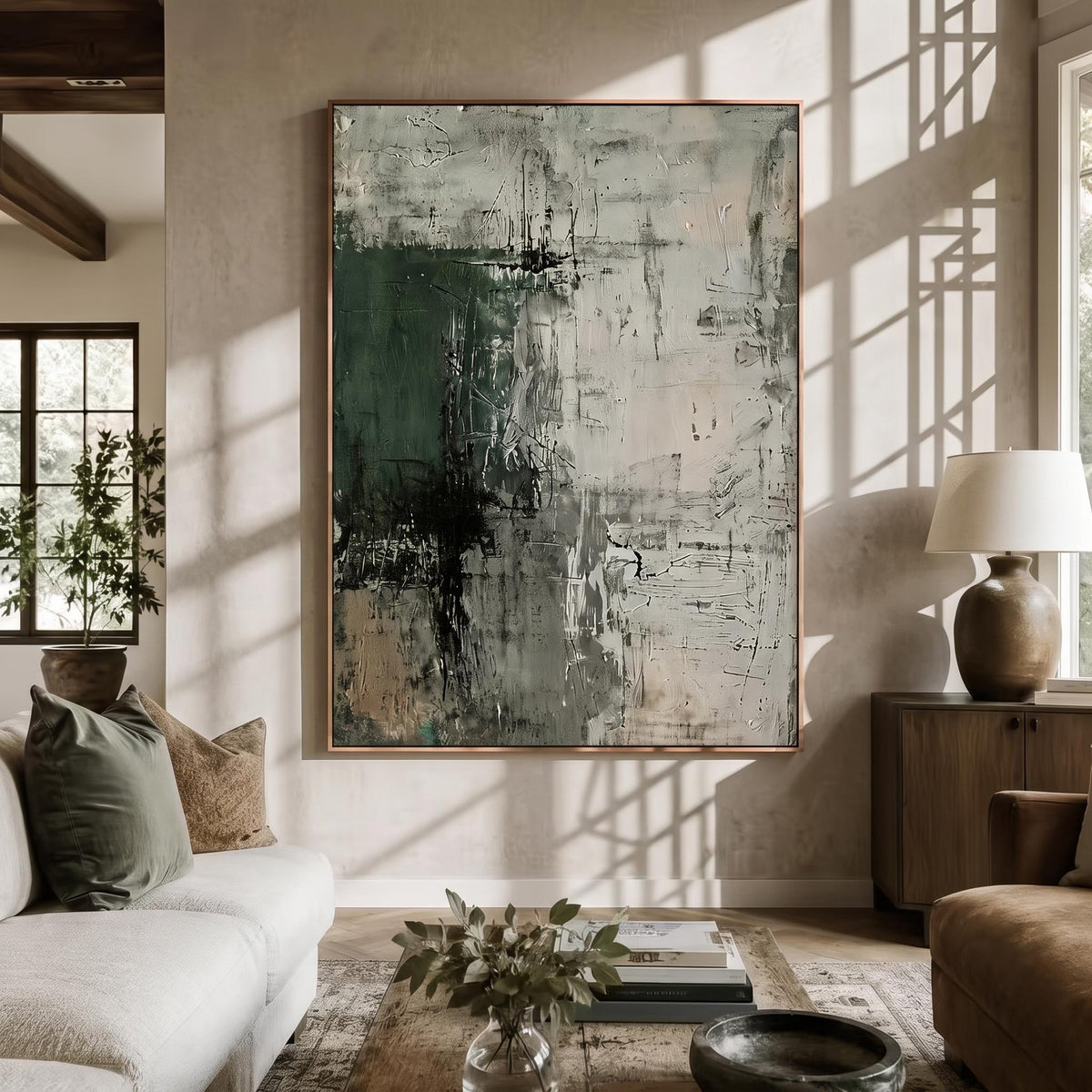 "Dark Green Mottled Texture" - Modern Heavy Impasto Abstract Artwork | Green Palette Knife Painting | Luxury Vertical Wall Art #PT 2608