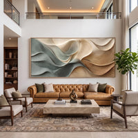 "Dusty Blue Beige Heavy‑Texture Wave" - Modern Heavy Impasto Ocean Wave Seascape | Beige Palette Knife Painting | Luxury Horizontal Wall Art #PT 2599