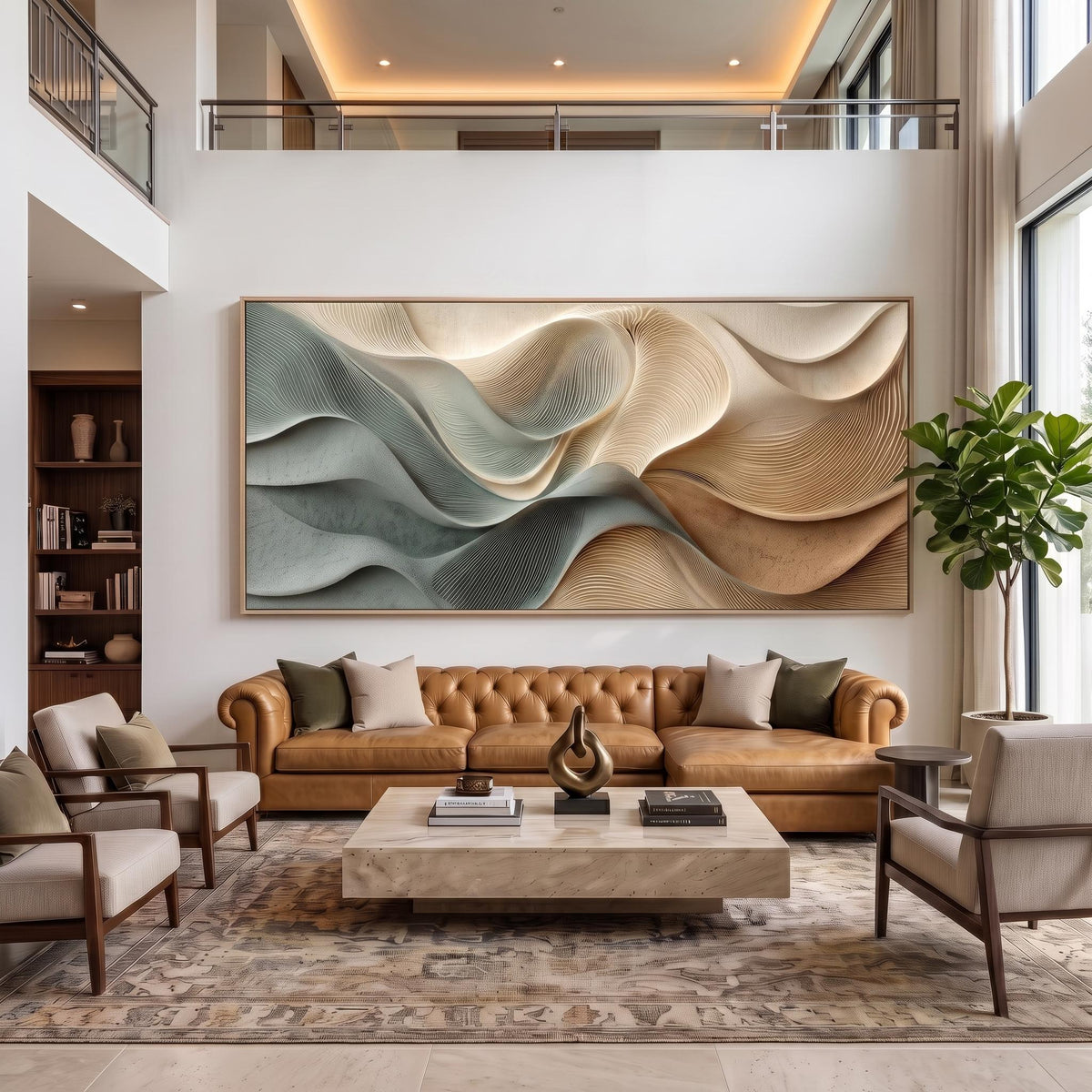 "Dusty Blue Beige Heavy‑Texture Wave" - Modern Heavy Impasto Ocean Wave Seascape | Beige Palette Knife Painting | Luxury Horizontal Wall Art #PT 2599